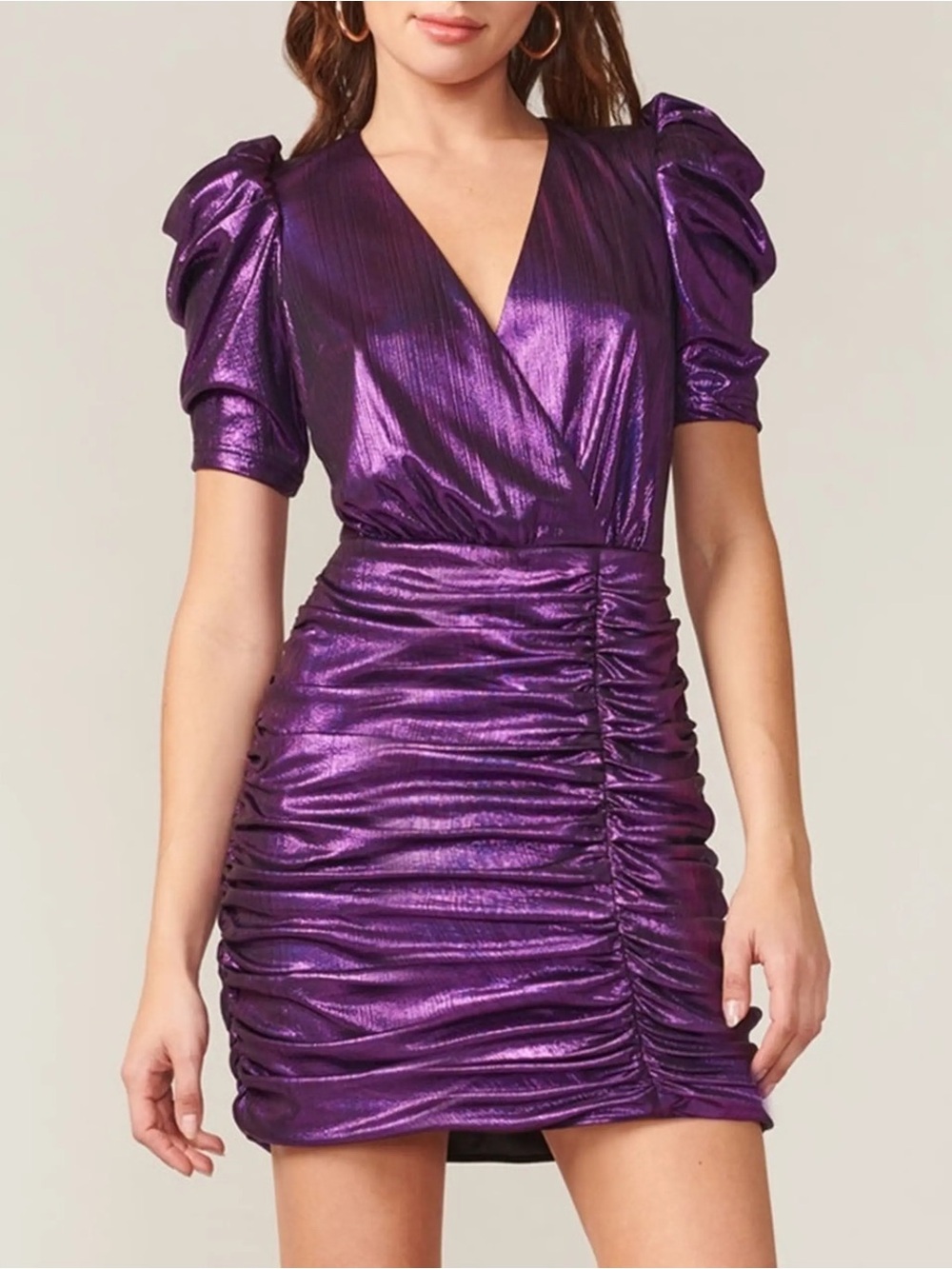 Adelyn Rae Shimmery Purple Ruched Puff Sleeve Mini Dress